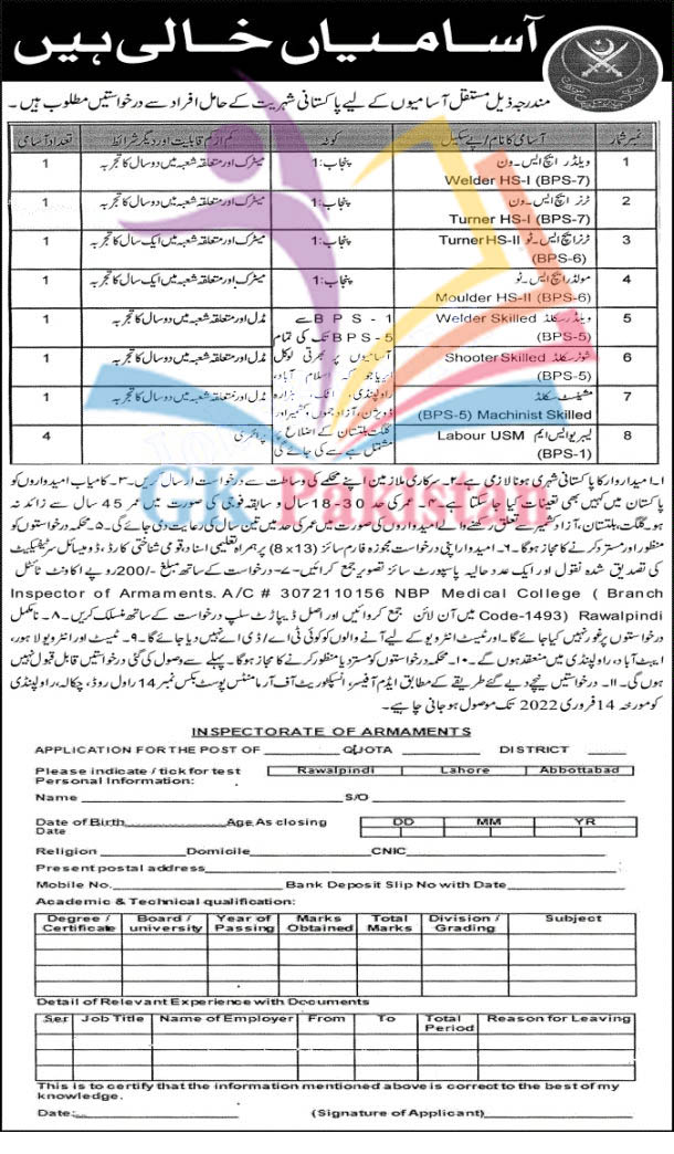 Pak Army Inspectorate of Armaments Rawalpindi Jobs 2022