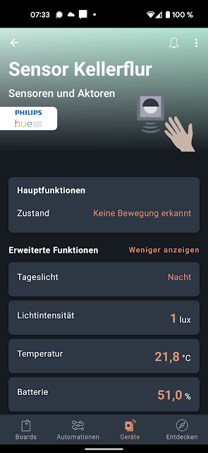 Darstellung des HUE Bewegungsmelders in der Home Connect Plus App. Es werden Temperatur, Luftfeuchtigkeit und Batteristatus angezeigt.