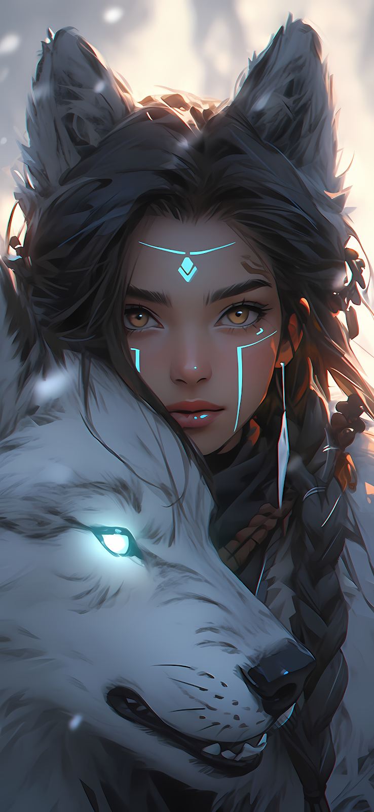 A captivating image of a woman with piercing eyes, gazing directly at the viewer, with a wolf's eye reflected in her own.
