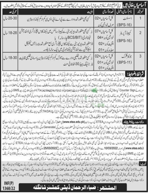 Deputy Commissioner Shangla Jobs 2022 ETEA for Assistant (BPS-16) | Today Latest Government Jobs Advertisement 2022 By Mixchar
