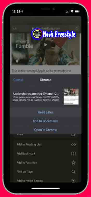 لقطة شاشة iOS 14 توضح مشاركة صفحة ويب Safari مع متصفح Google Chrome مع خيار إضافة إلى قائمة القراءة على iPhone