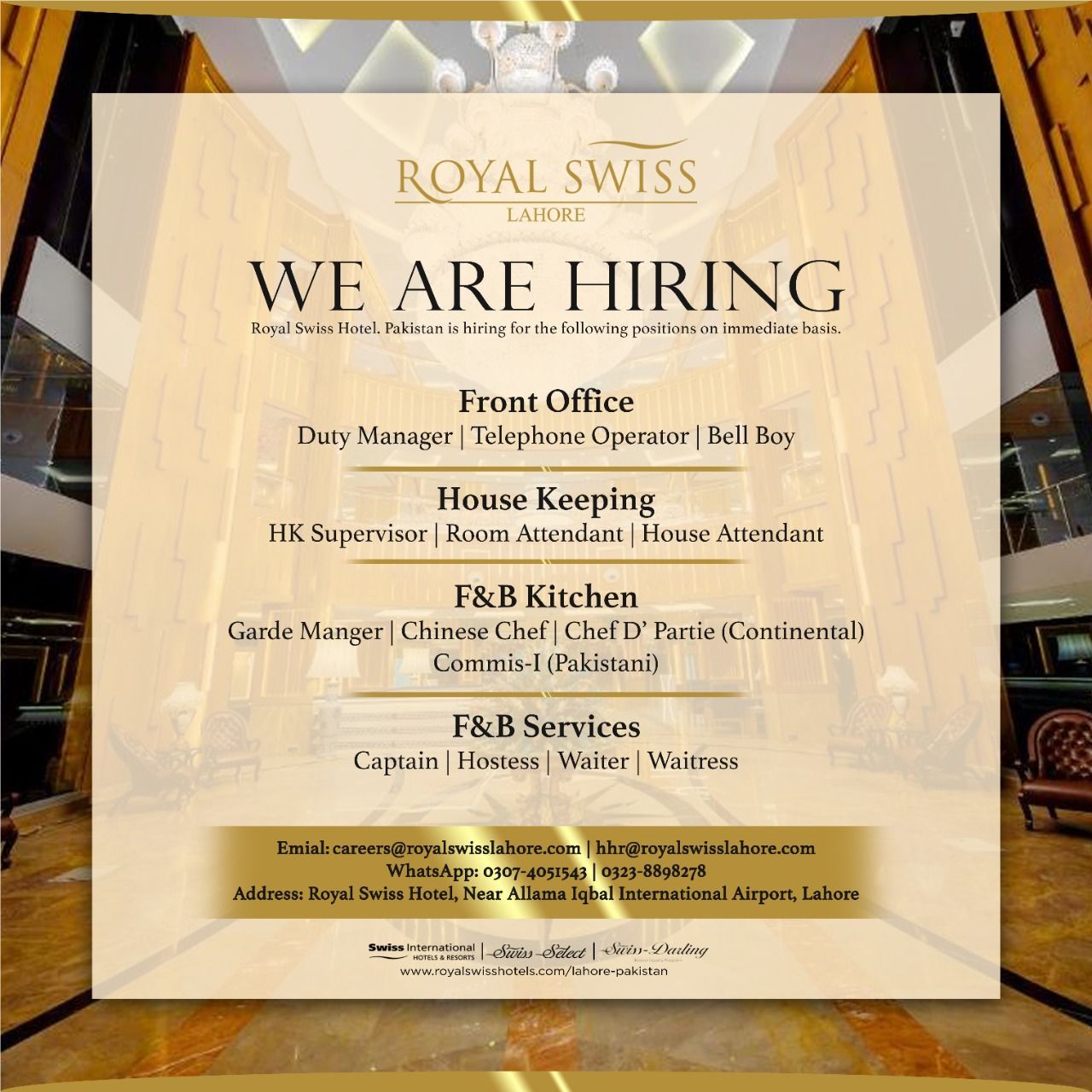 Royal Swiss Hotel Lahore Jobs February 2022