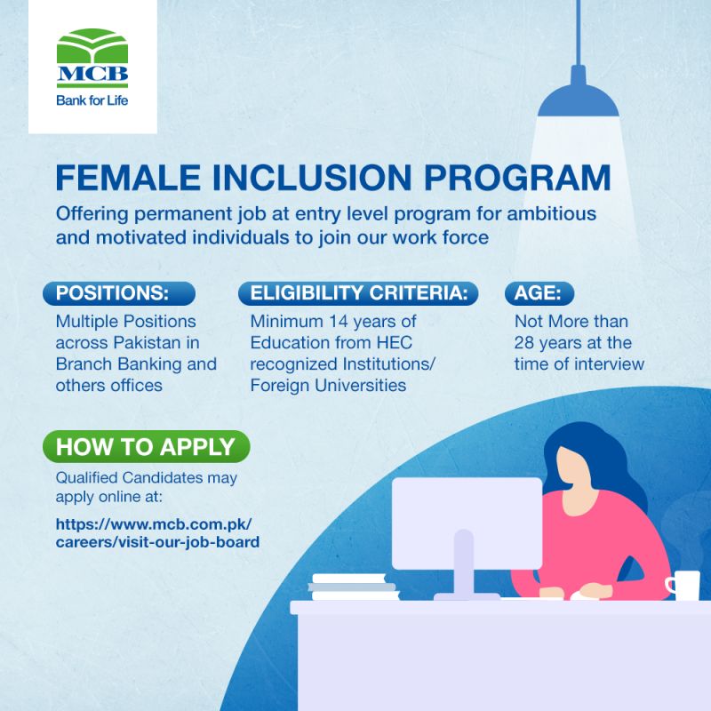 MCB Bank Ltd Jobs Female Inclusion Program 2022