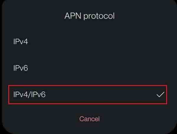 اضبط بروتوكول APN على IPv4 / IPv6