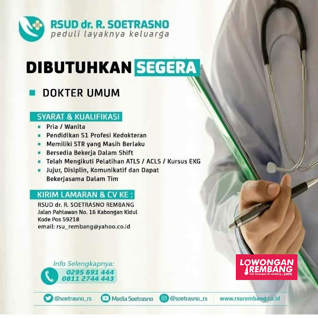 Lowongan Kerja Dokter Umum RSUD dr. R. Soetrasno Rembang