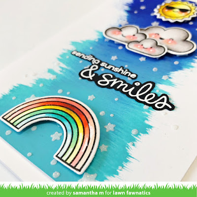 Sunshine & Smiles Card by Samantha Mann for the Lawn Fawnatics Challenge blog, Distress Paint, Rainbow, Cards, Card Making, Clean and Simple, Cards, Handamde Cards #lawnfawnatics #lawnfawn #distresspaint #cards #cardmaking #rainbows