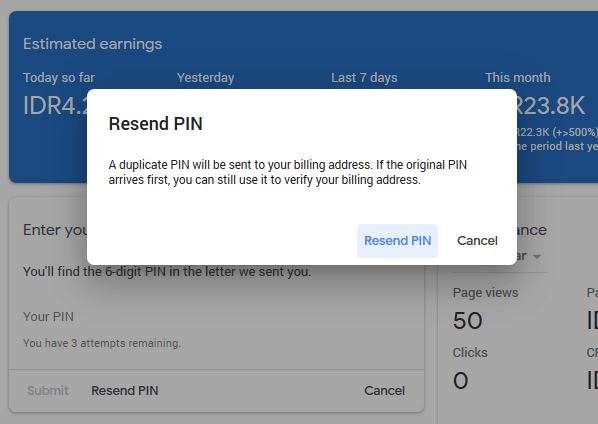 Requesting resend PIN in AdSense
