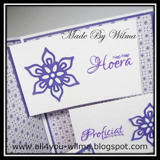 Een close-up van "hiep hiep Hoera" met daarnaast een paarse bloem. A close-up of "hip hip Hooray" (Dutch words) with a purple flower next to it.