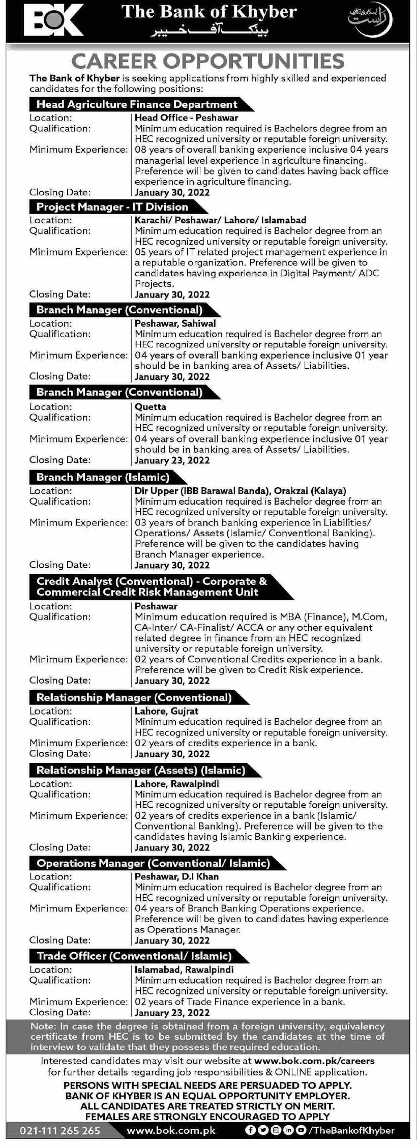 Bank of Khyber BOK Jobs 2022 – Apply through www.bok.com.pk