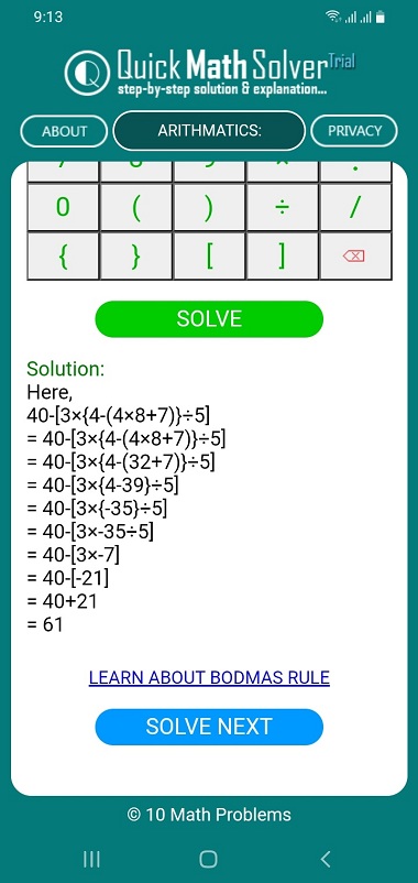 Quick Math Solver - Simplify using BODMAS rule