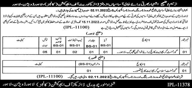Jobs in Lahore 2022 Higher Education Department Class IV Staff