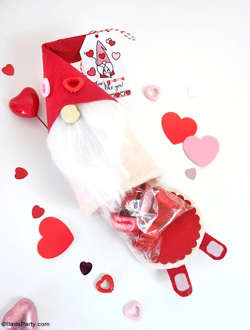 DIY Valentine's Day Gnome Gift Boxes with FREE Templates - Easy to make, no-sew gift boxes to craft and fill with treats to give on Valentine's Day! Perfect easy project for classroom activities, party favors or to give to friends, teachers and neighbors! by BirdsParty.com @BirdsParty #diy #diycrafts #crafts #gnomes #diygnomes #freetemplates #freegnometemplate #valentinesday #valentinesdaygnome #valentinesgnome #diygnomes #diygnome #gnomecrafts #valentinsdaydecor #valentinesdaycrafts