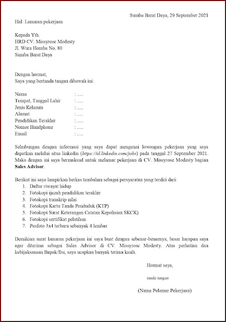 Contoh Application Letter Untuk Sales Advisor (Fresh Graduate) Berdasarkan Informasi Dari Website