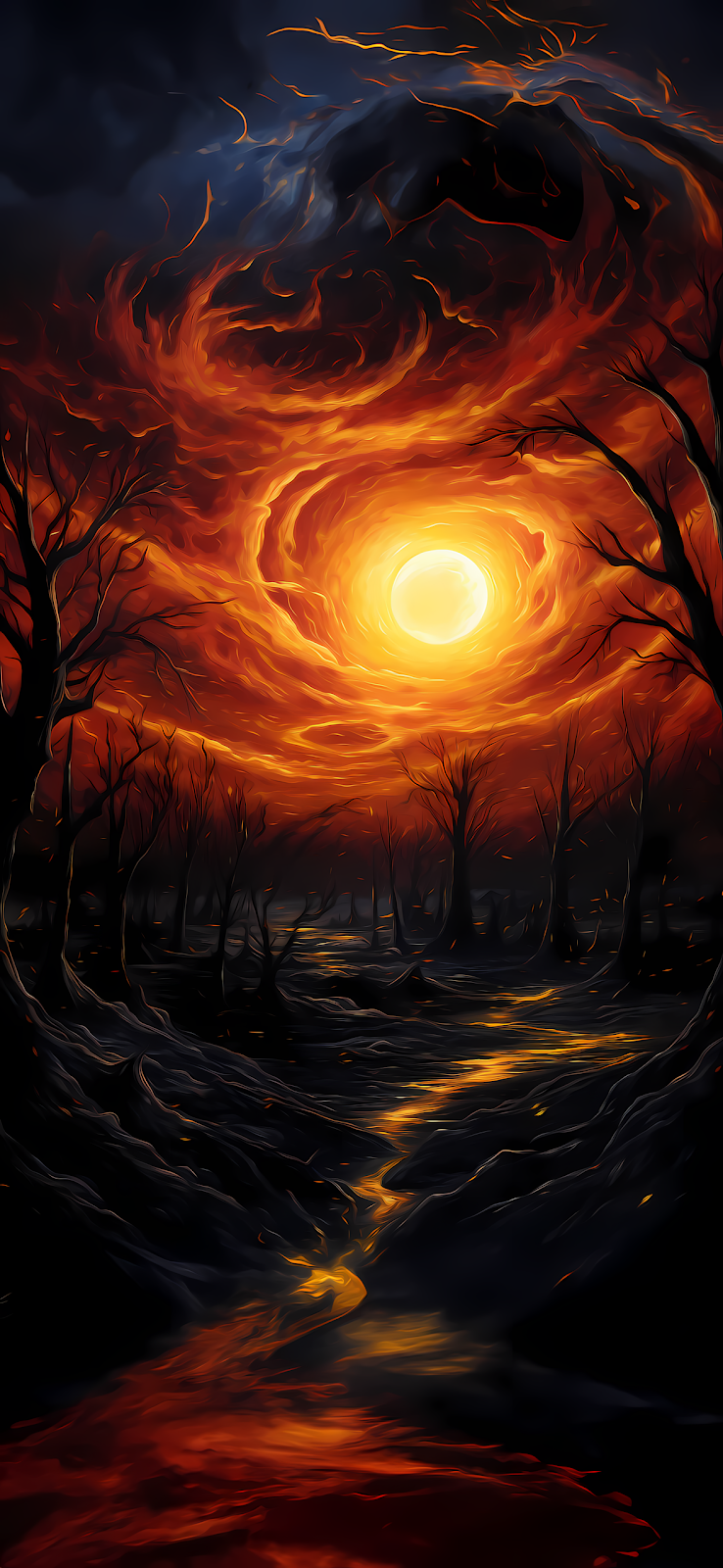 A fiery sun dominates the sky above a scorched earth, with barren trees and a winding river.