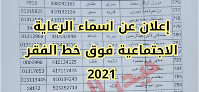 إعلان عن اسماء الرعاية الاجتماعية فوق خط الفقر 2021