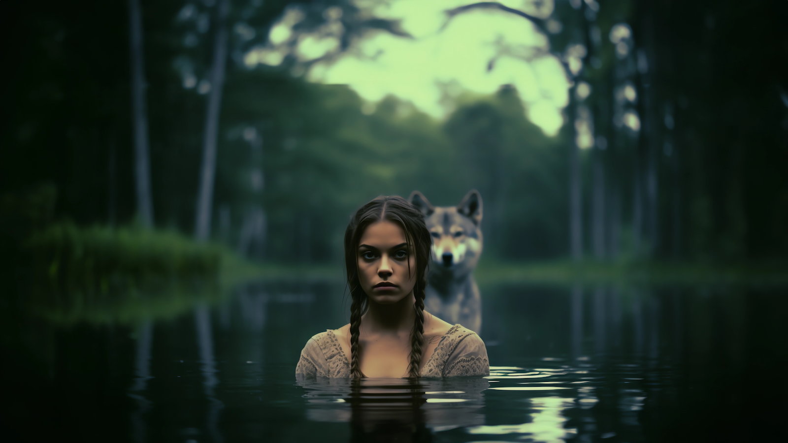 The Wild Life: 4K PC Wallpaper with Girl and Wolf in Dark Forest