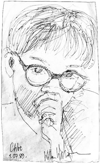 Ballpoint sketch on paper of a little girl, wearing spectacles and sucking her thumb, "Chloé," by William Walkington in 1989.