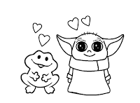 Baby Yoda and frog coloring page