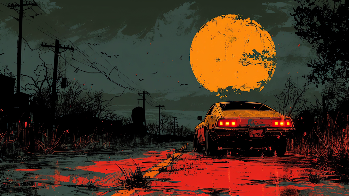 A classic car parked under a large, vivid orange moon in a desolate landscape, creating a stark and evocative nocturnal scene.