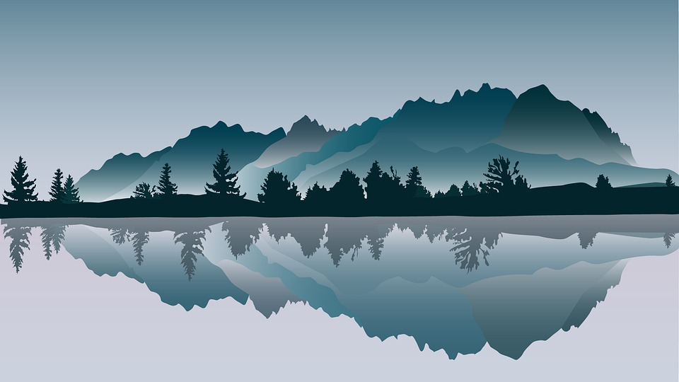 Into the heart of the Nature - A drawing of mountains, trees, and water