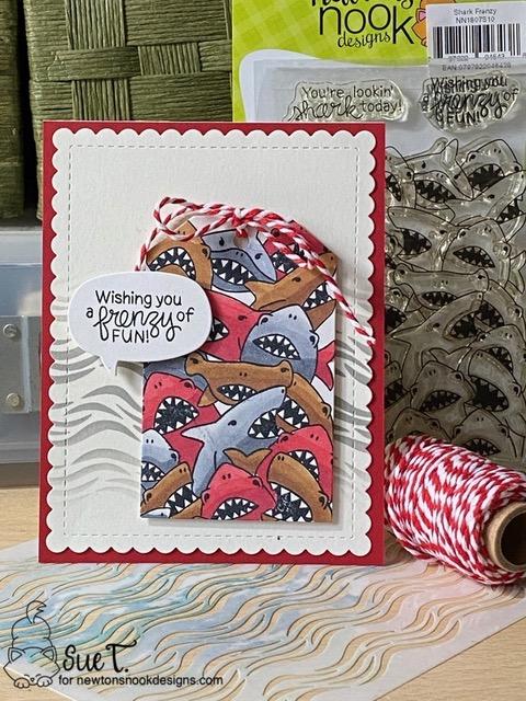 Wishing you a frenzy of fun by Sue features Shark Frenzy, Frames & Flags, Speech Bubbles, Fancy Edges Tags, and Waves by Newton's Nook Designs; #inkypaws, #newtonsnook, #sharkcards, #cardmaking