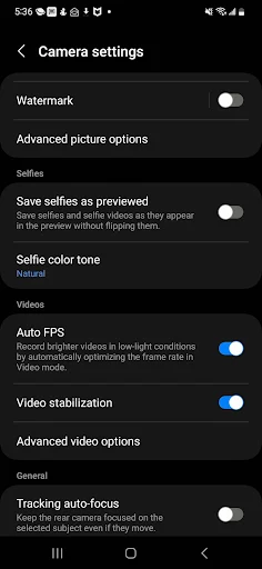 The screenshot showing the Auto FPS low light video mode.