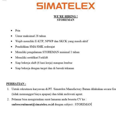 Kerjabatam.com Simatelex Manufactory Batam Maret 2022