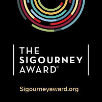 Colorful circular lines in a black background with white letters spelling The Sigourney Award