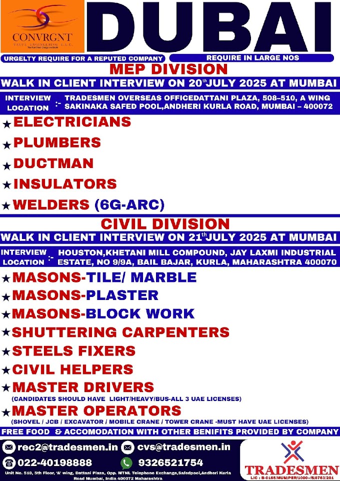 Dubai Job Interview – Electricians, Plumbers, Masons, Carpenters – Apply Now