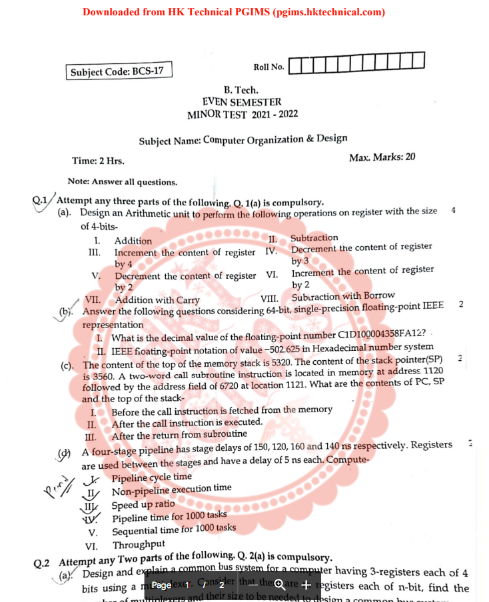 Computer Organisation and Design 4th Semester B.Tech Previous Year's Question Paper,Computer Organization & Design,Previous Year's Question Papers,B.Tech,B.Tech 4th Semester,