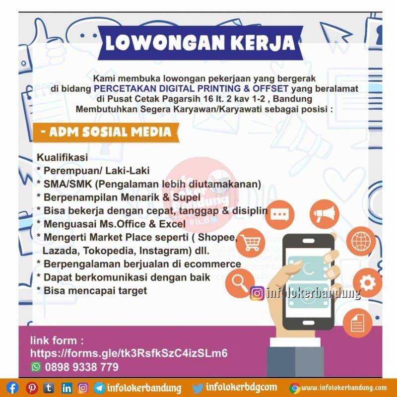 Lowongan Kerja Admin Social & Media Marketing Percetakan Digital Printing & Offset Bandung November 2021