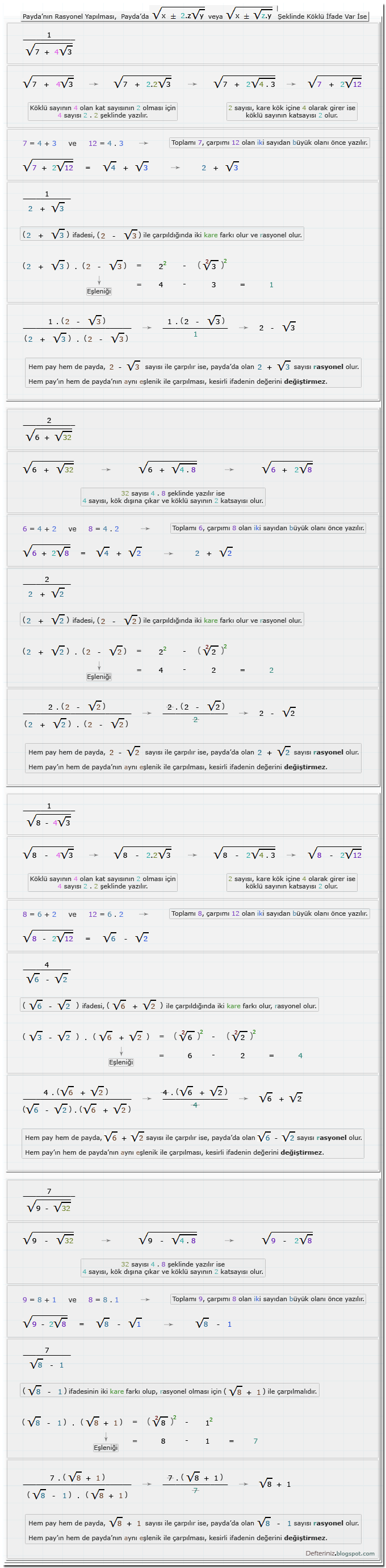Örnek-37 » Payda'da √(x ± 2.z√y) veya √(x ± √z.y) şeklinde olan köklü ifadeler var ise için örnekler.