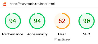 Google Lighthouse report of maryroach.net. Performance, accessibility, and SEO are above 90 but best practices was 62.