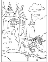 Princess in palace and prince on a horse coloring page