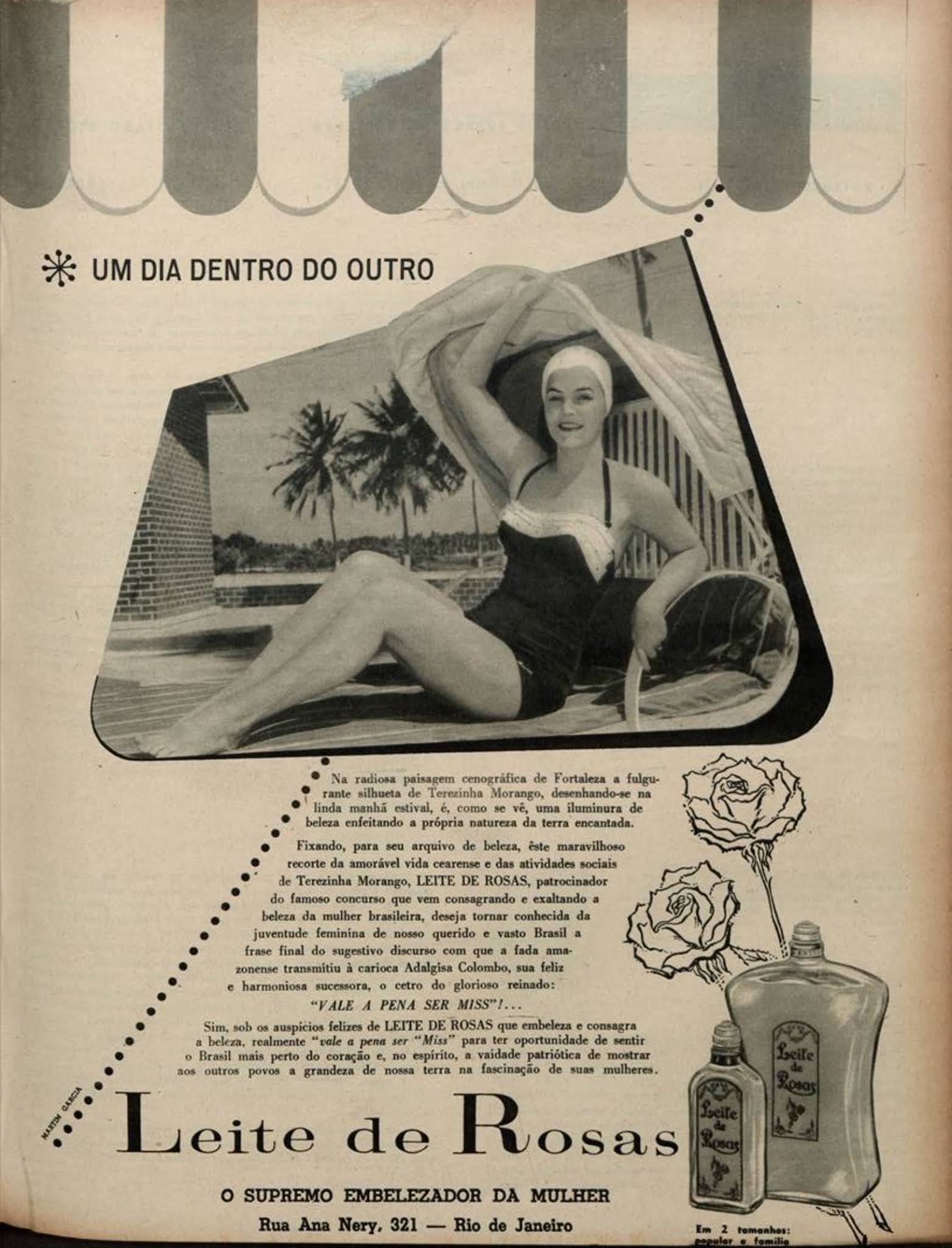 Anúncio do Leite de Rosas promovendo seus benefícios para a pele em 1958
