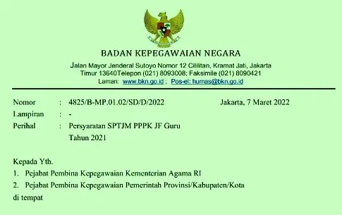 Surat Edaran BKN Nomor: 4825/B-MP.01.02/SD/D/ Tentang Persyaratan SPTJM PPPK JF Guru Tahun 2021