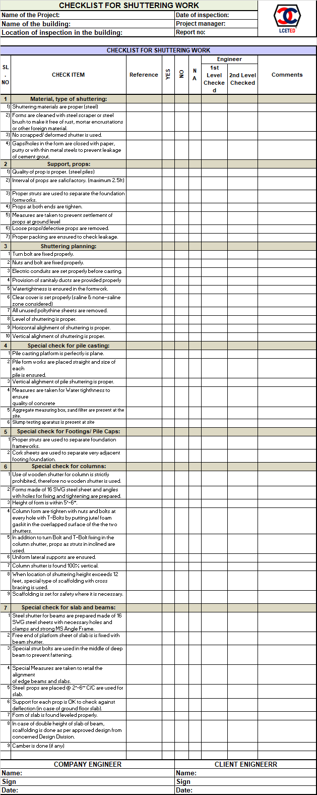 CHECKLIST FOR SHUTTERING WORK