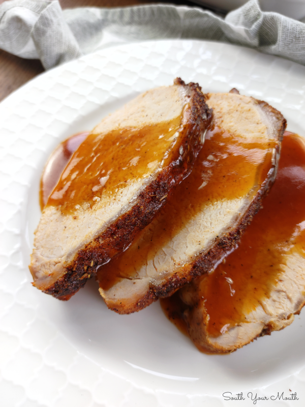 Perfect Pork Loin with Effortless Au Jus! The absolute easiest, perfectly cooked roasted pork loin that’s tender and juicy every time with au jus that is deglazed in the oven as the roast bakes.