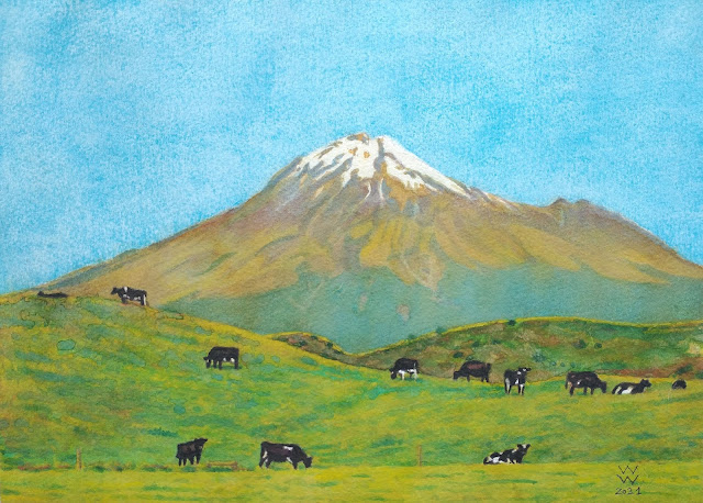 Watercolour of cows grazing with Mount Taranaki as backdrop, "Mount Taranaki, or Mount Egmont," by William Walkington in 2021