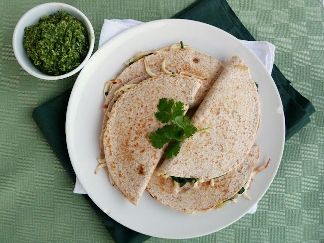 Paneer and Spinach Quesadillas with Cilantro Chutney