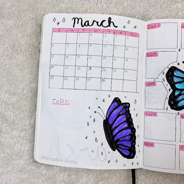 March butterfly themed bullet journal calendar page