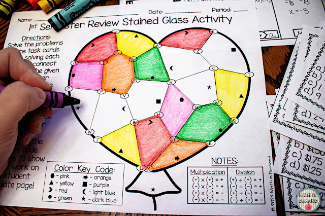 7th Grade Math 1st Semester Review Stained Glass Heart Activity