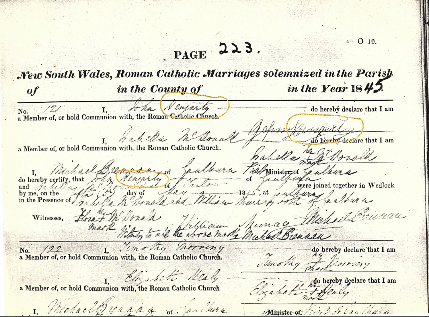 Marriage Hingerty and McDonald Goulburn 1845