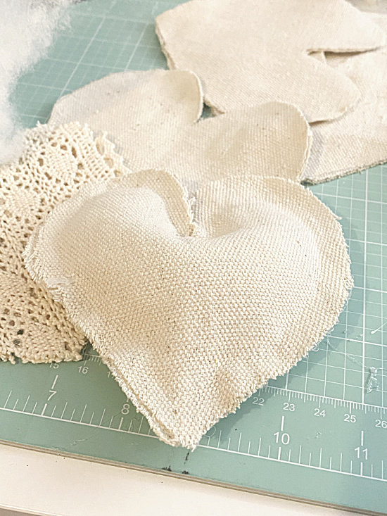 stuffed drop cloth hearts