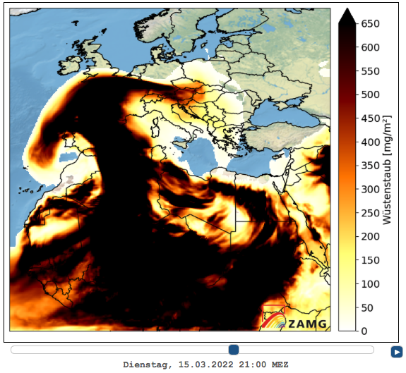 Die Belastung von Saharastaub in der Atmosphäre nimmt im Tagesverlauf weiter zu.