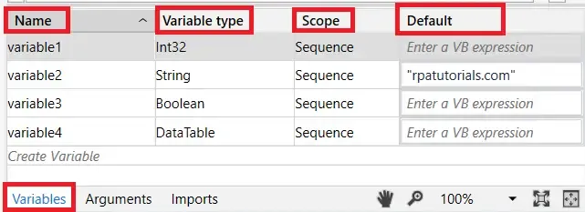 UiPath Variables Properties