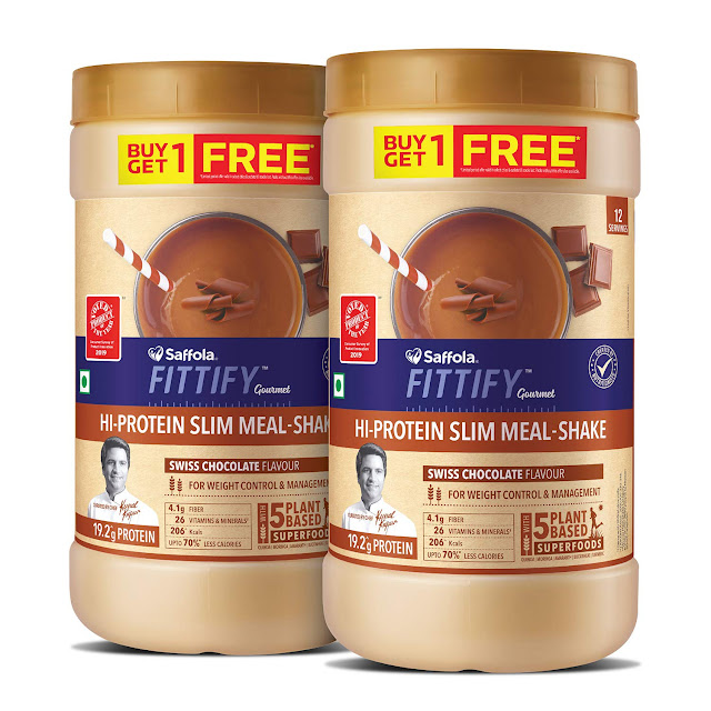 Saffola FITTIFY Hi-Protein Slim Meal Replacement Shake, Swiss Chocolate, Buy 1 Get 1, Each Pack 420 gm