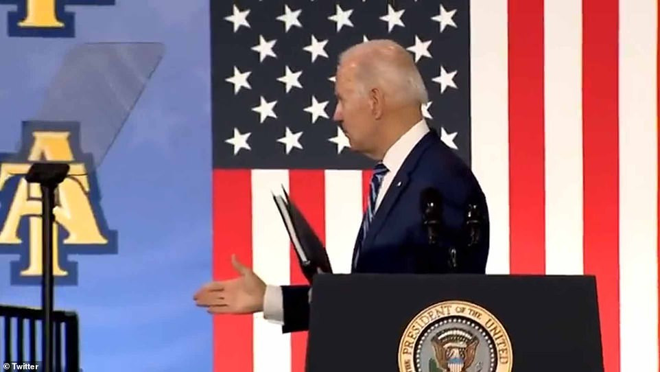 Disoriented Joe Biden sticks out his hand to shake thin air and talk to himself after making speech where he falsely claimed to have been a professor for four years (Photos/Videos)