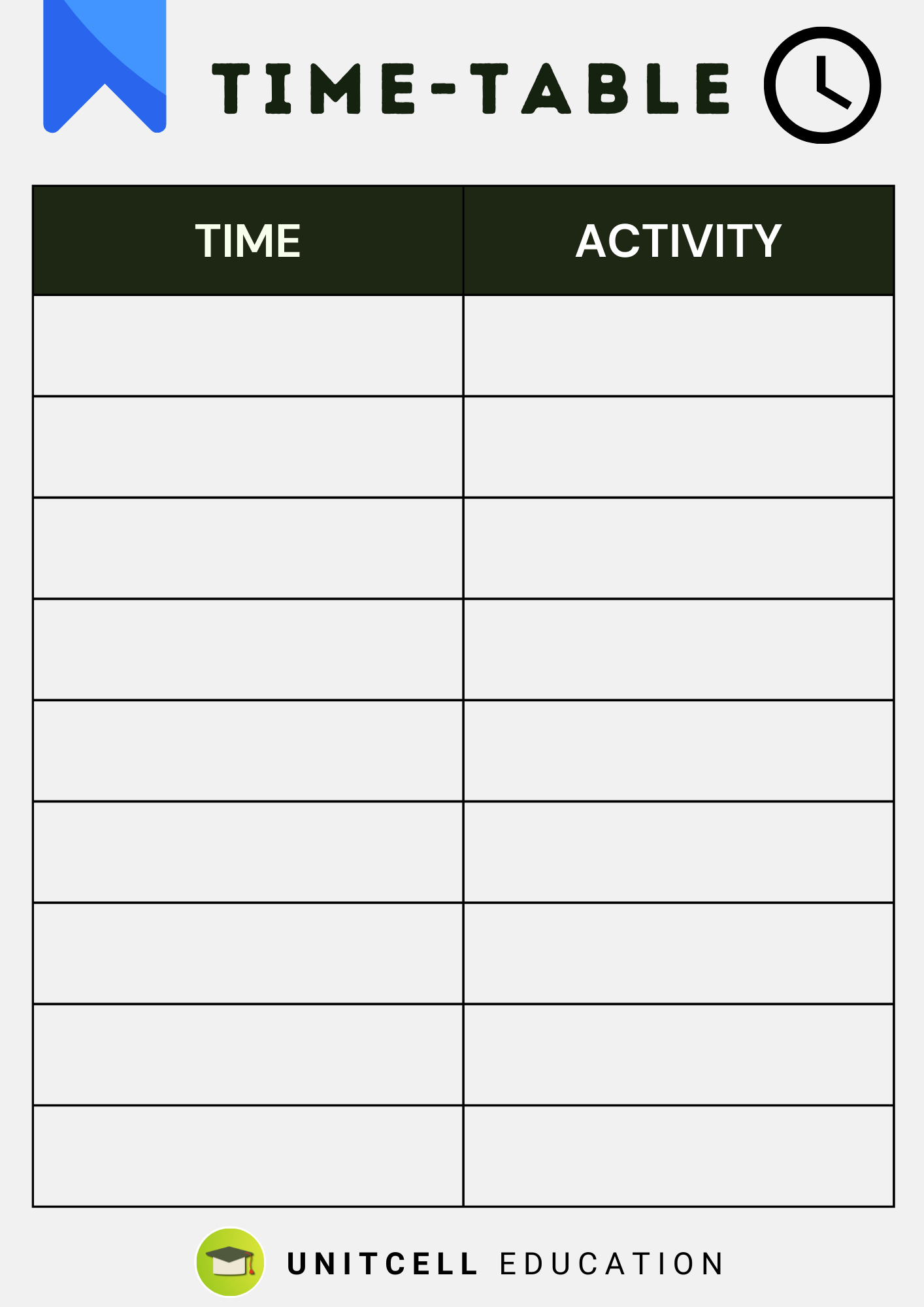 Printable daily routine timetable for students.