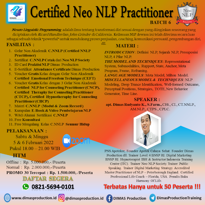 WA.0821-5694-0101 | Certified Neo Neuro Linguistic Programming Practitioner (C.NNLP) Februari 2022 Batch 6